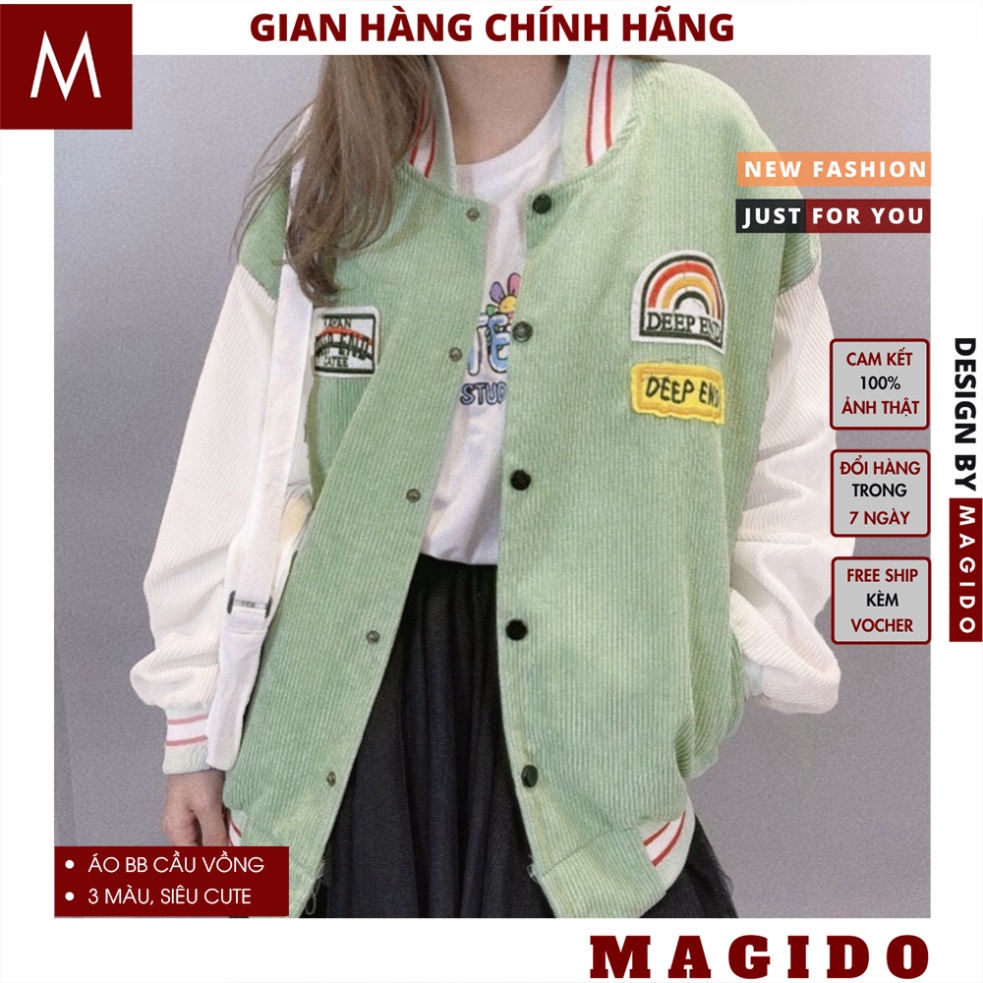 Áo khoác nhung tăm cầu vồng cúc bấm nam nữ ulzzang, Áo Bomber Deep End Unisex 3 màu chất nỉ thời trang thu đông - MAGIDO