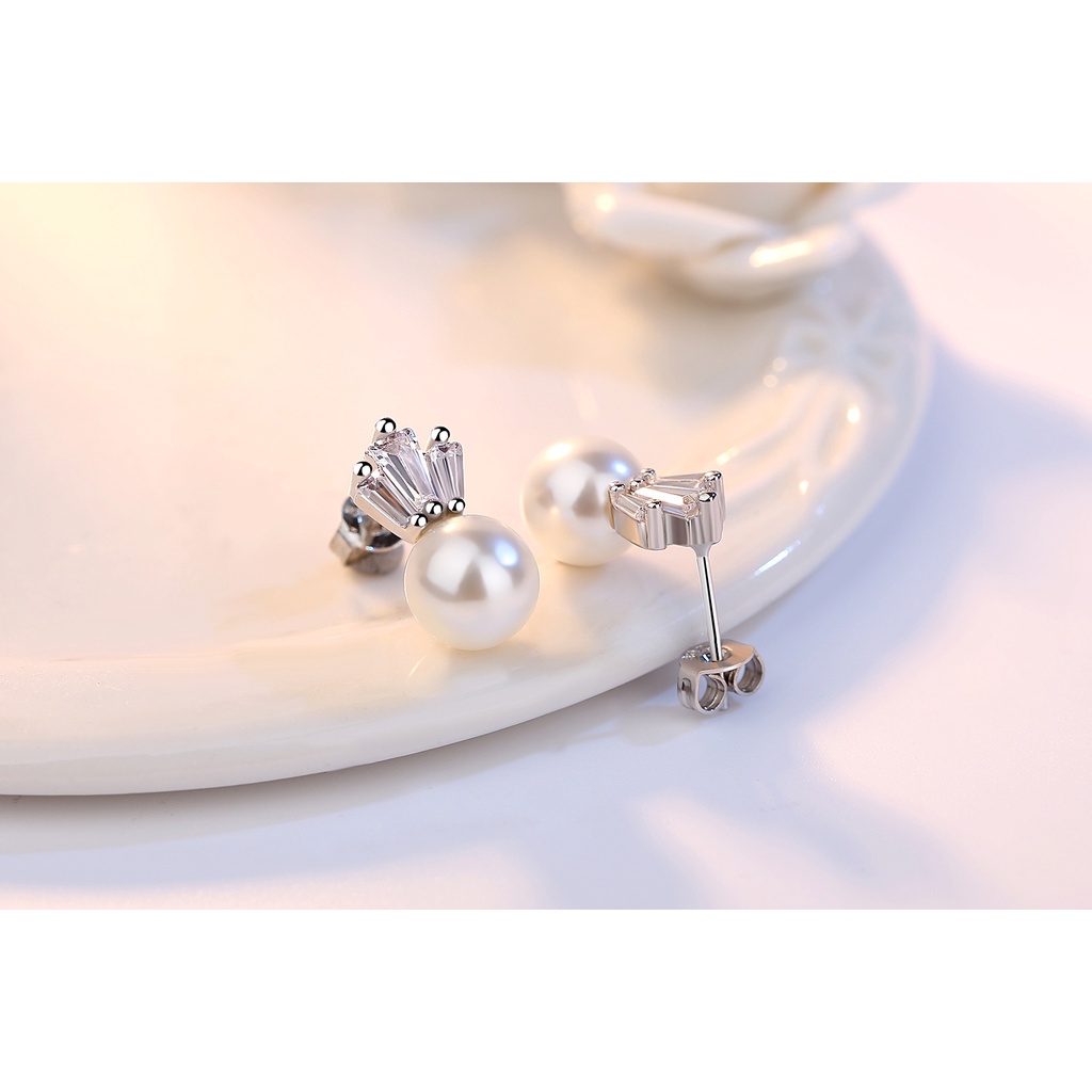 Bông Tai Xỏ Lỗ Hình Vương Miện Bằng Bạc 925 Đính Ngọc Trai Thời Trang Hàn Quốc Đơn Giản Cho Nữ-S1