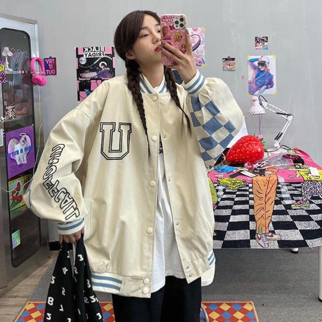 Áo Khoác Bomber Takkep Bàn Cờ Tay Bồng Chữ U Nam Nữ Unisex Dáng Rộng 2 Lớp Gió