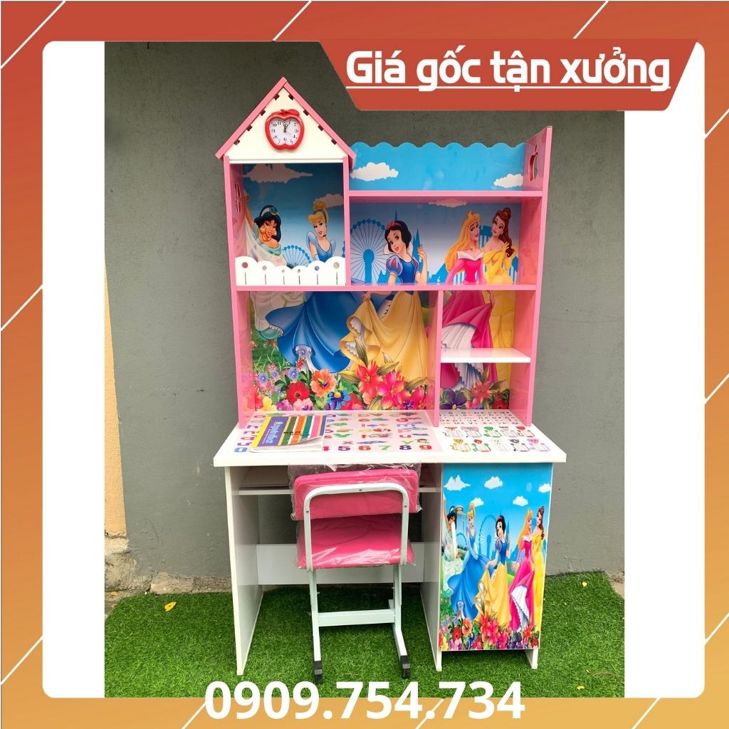 Bàn học sinh tiểu học cho bé gái in 3D công chúa đáng yêu, ngang 80 cao 1m73 sâu 45