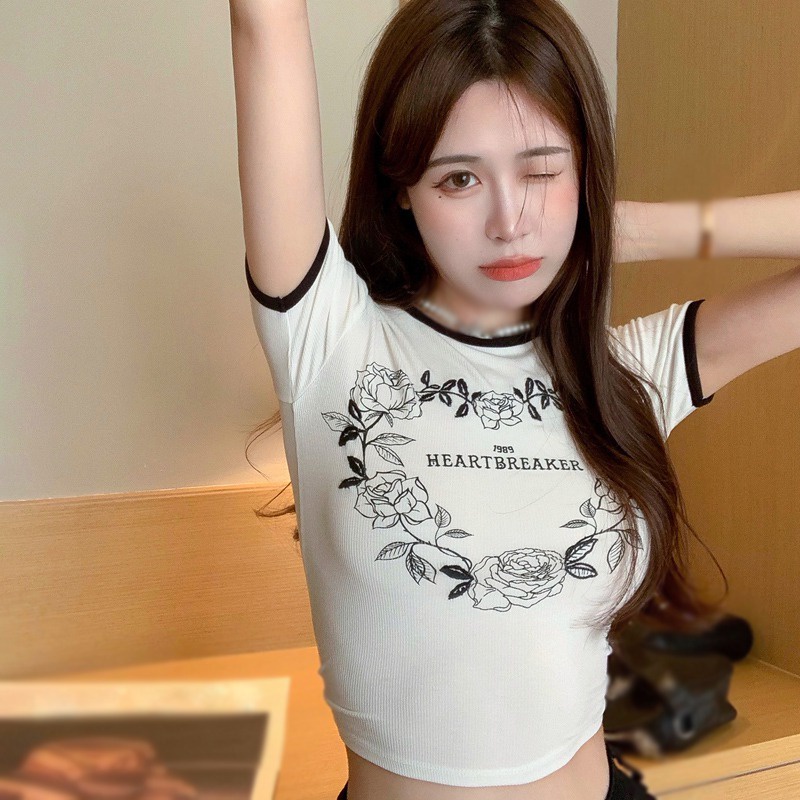 Áo Thun Lửng Tay Ngắn Cổ Tròn In Họa Tiết Dành Cho Nữ