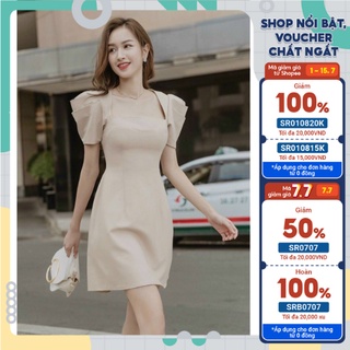 Váy chữ A tay phồng xếp ly hở lưng