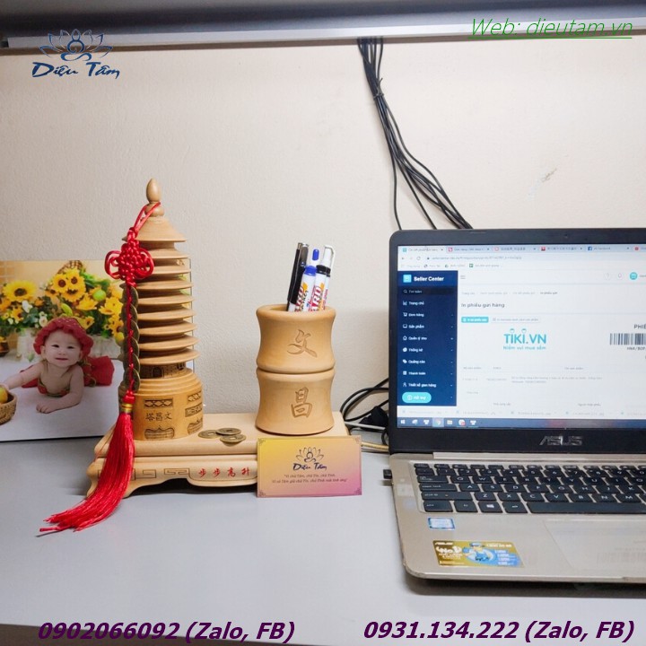 Ống bút tháp văn xương gỗ đào biểu tượng sự học hành đỗ đạt vật phẩm phong thuỷ vương vận công danh