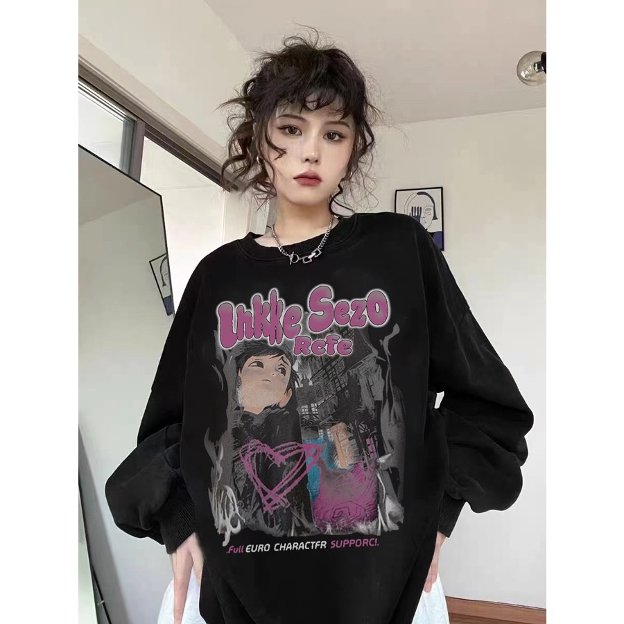 Áo Nỉ Cổ Tròn Form Rộng In Họa Tiết Phong Cách retro Mỹ