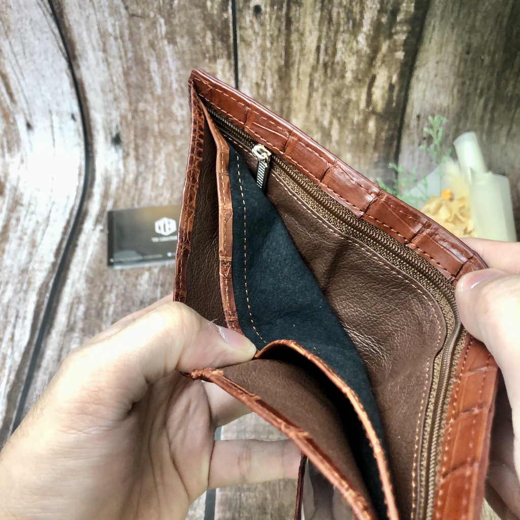 Ví Da Tay Cá Sấu 2 Mặt, Bóp Nam Da Cá Sấu Thật Màu Nâu Đỏ, Da Cá Sấu Đúng Tuổi Siêu Mềm, Kiểu Dáng Ngang, BH 24 tháng