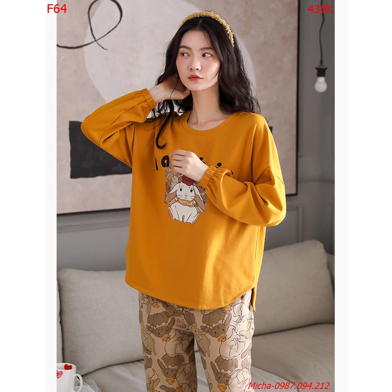 Bộ mặc nhà cotton dài tay màu vàng nghệ (hình thỏ) - Micha F64