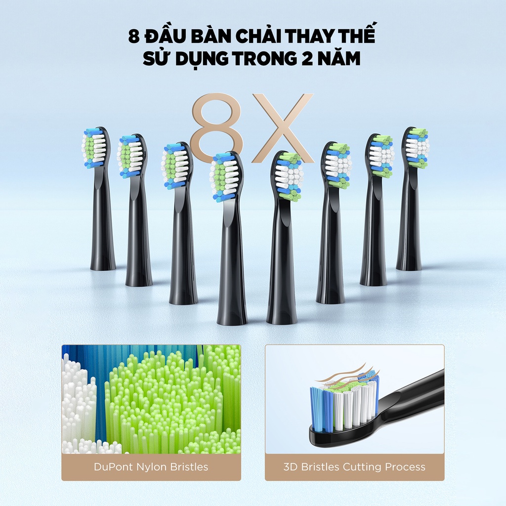 Bàn chải điện Fairywill E11 Đen + 8 Đầu bàn chải + Hộp du lịch - 5 Chế độ chải răng &amp; Làm trắng răng [12 tháng 1 đổi 1]