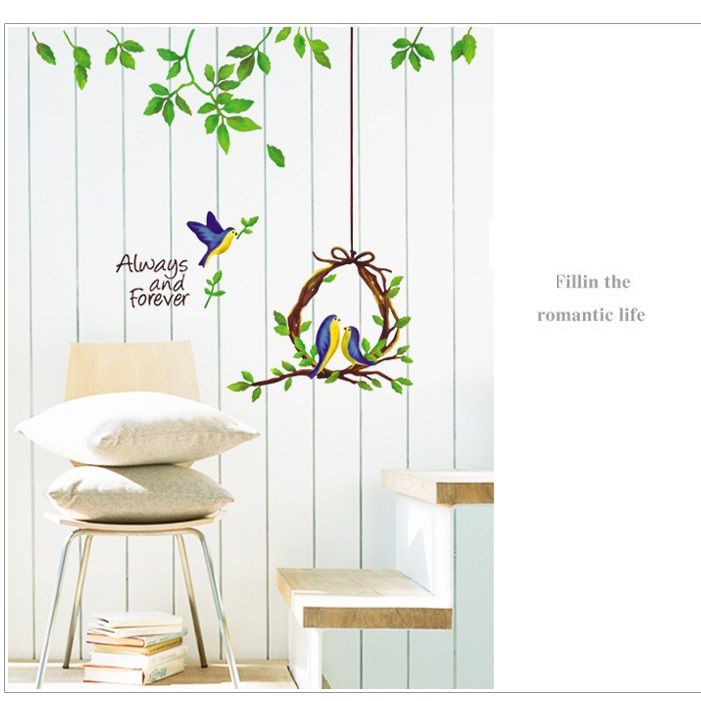 Decal dán tường phòng khách trang trí nhà cửa Combo xanh xe đạp và tổ chim - chất liệu PVC vinyl cao cấp