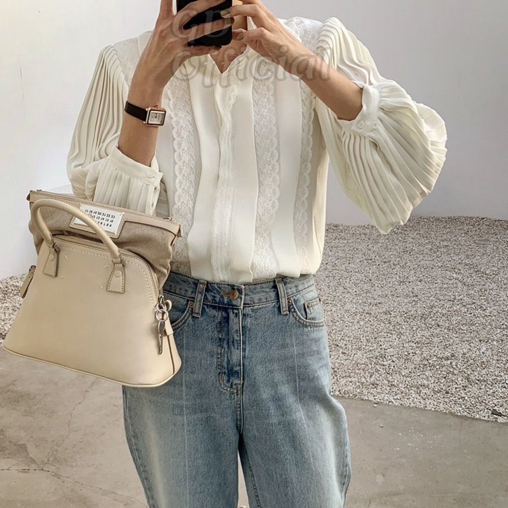 A63|Áo sơ mi công sở nữ dài cổ V tầng polo voan tay phồng suông rộng thụng trơn thanh lịch trắng basic GD Official
