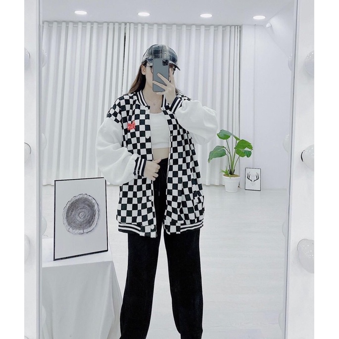 Áo Bomber Nỉ Bông Unisex Caro Thêu Chữ Ảnh Thật