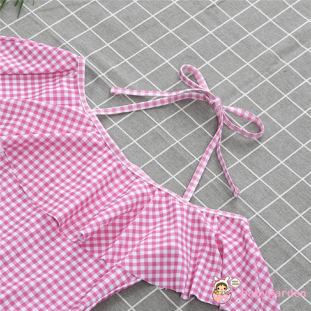 E.A-2019 Parent-child Swimsuit Mom Kids Checkered Leotard Bikini Beach Swimwear