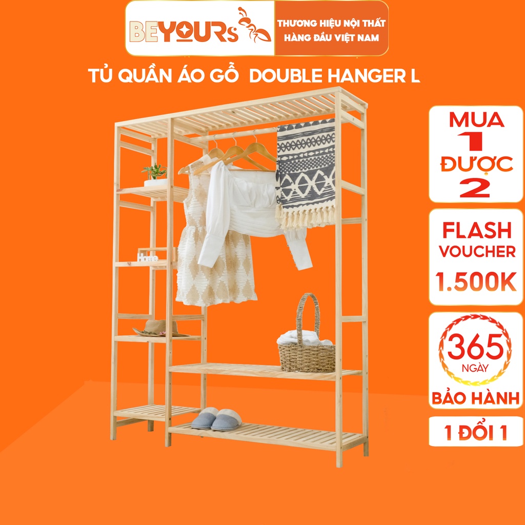 [Mã LIFEBKJAN100 giảm 10% tối đa 100K] Tủ Treo Quần Áo Gỗ BEYOURs Size Khổng Lồ Double Hanger Có Kệ Đa Năng