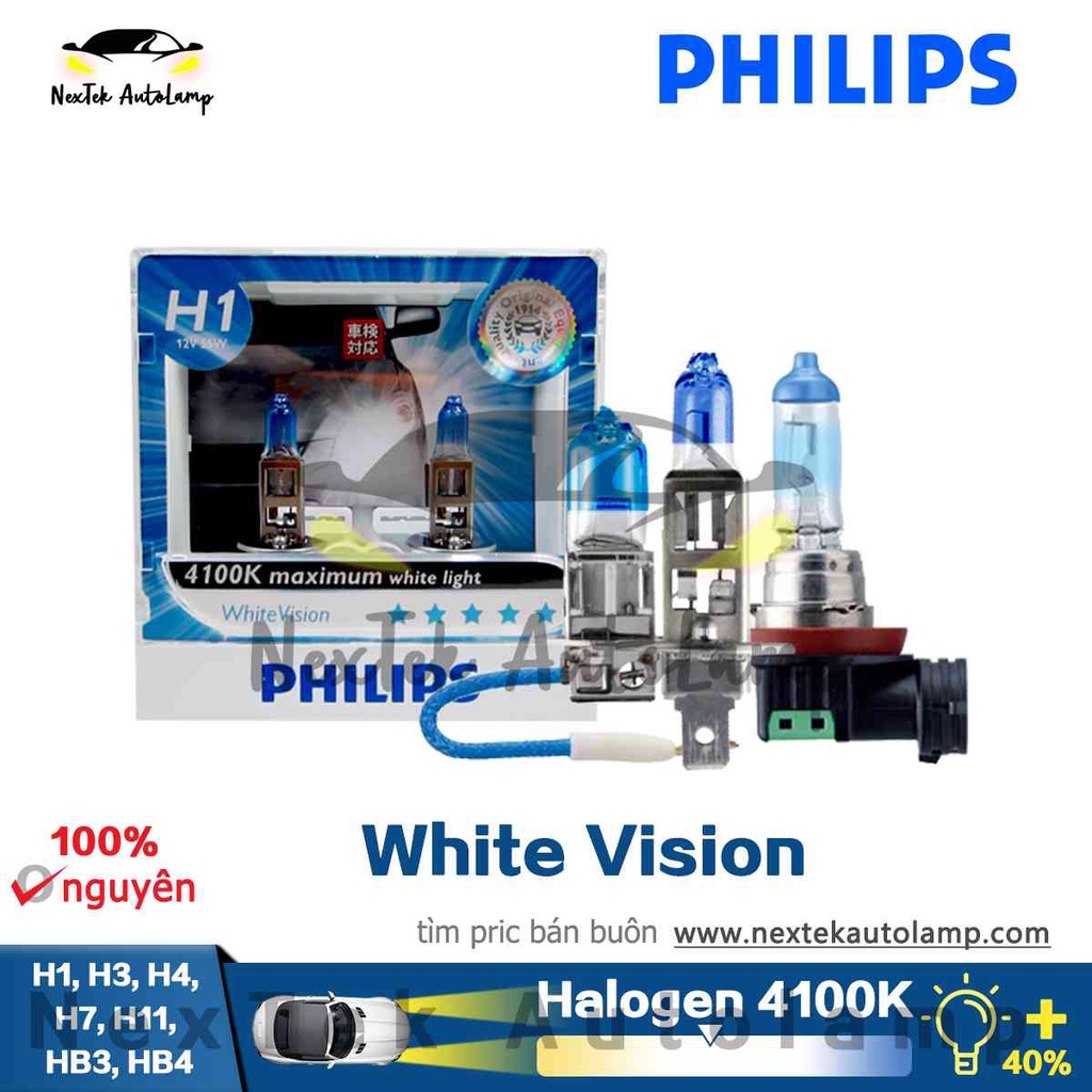Philips White Vision H1 H3 H4 H7 HB3 HB4 H11 4100K 4300K Đèn pha halogen xe màu vàng sáng màu vàng sáng bóng đèn tự động chính hãng