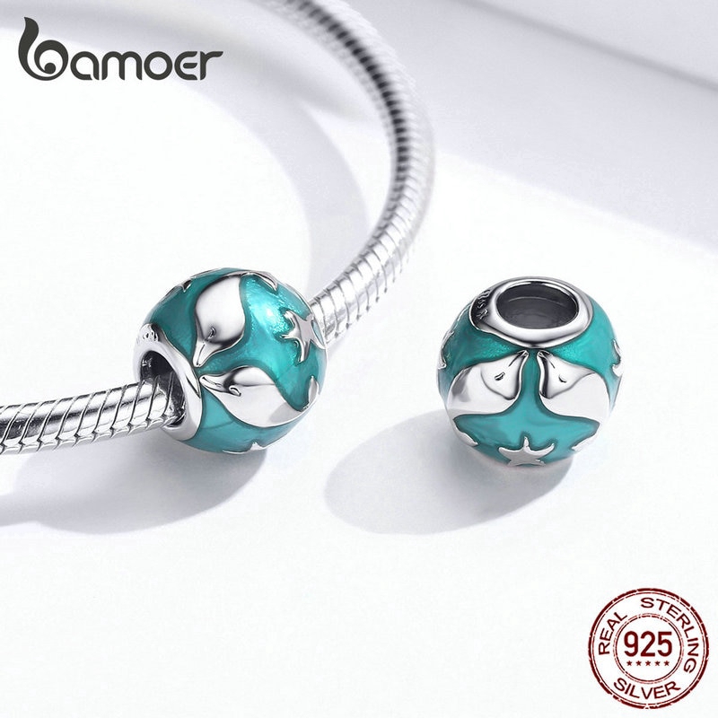 Hạt charm hình tròn khảm cá heo tráng men Bamoer dùng xỏ trang sức SCC1295