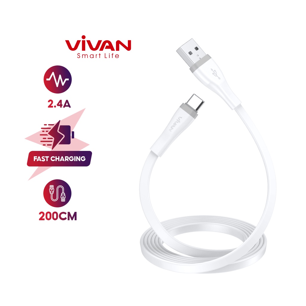 Cáp sạc nhanh VIVAN SC30S/SC200S cổng Type-c  dẹt 1m -CHÍNH HÃNG BẢO HÀNH 12 THÁNG