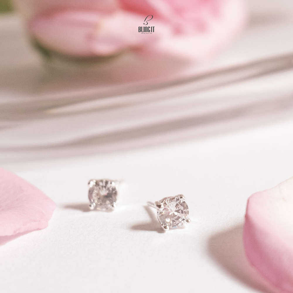 Bông Tai, Hoa Tai Bạc Nữ BLING IT Hình Vuông Đính Một Hạt Đá Cao Cấp Lấp Lánh - BIBT448
