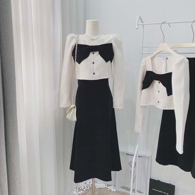 (A12)Set Dạ Nơ Ngực Chân Váy Nhung Midi tiểu thư