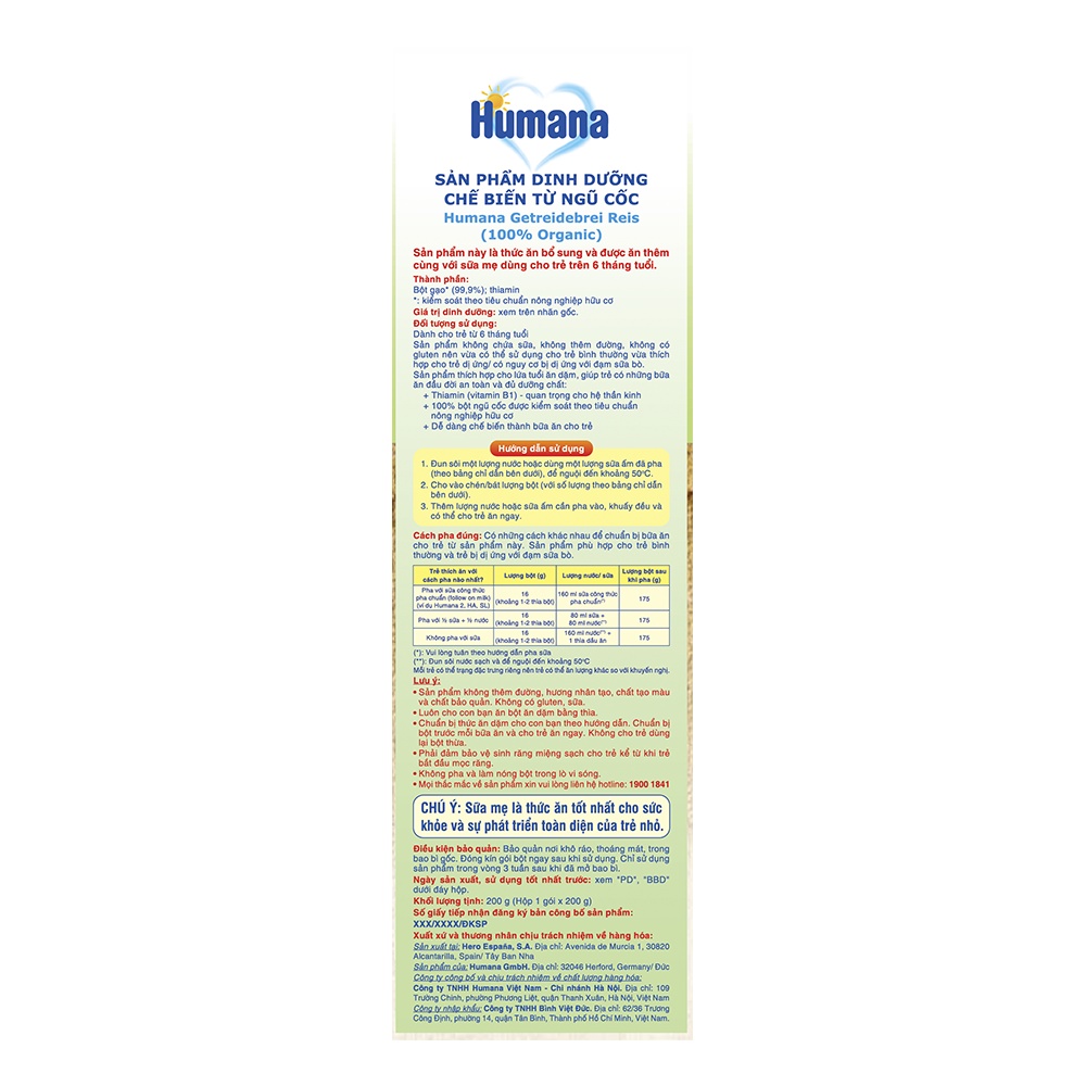 Bột ăn dặm dinh dưỡng Humana lúa gạo GETREIDEBREI REIS - Nhập khẩu 100% từ Đức.