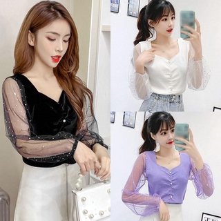 Áo Kiểu Dệt Kim Tay Dài Cổ Vuông Phối Lưới Xinh Xắn Cho Nữ