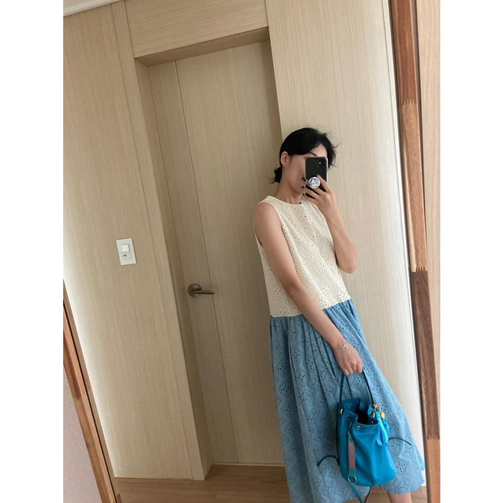 Váy (Đầm)  trắng cổ tròn vạt cách điệu vải thêu cao cấp