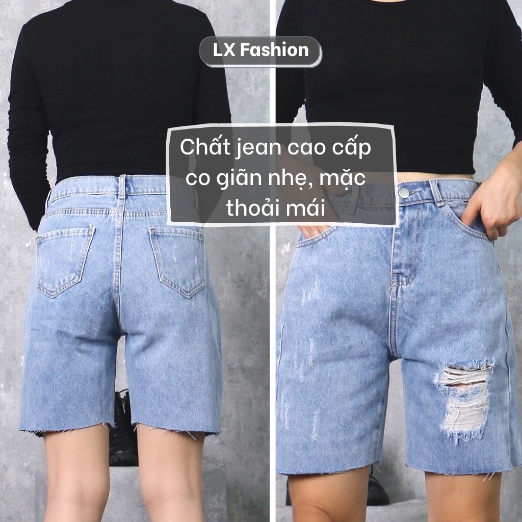 Quần jean ngố ❤️ nữ cạp lưng cao rách đùi dễ thương, chất quần bò dày dặn trẻ trung - LX181