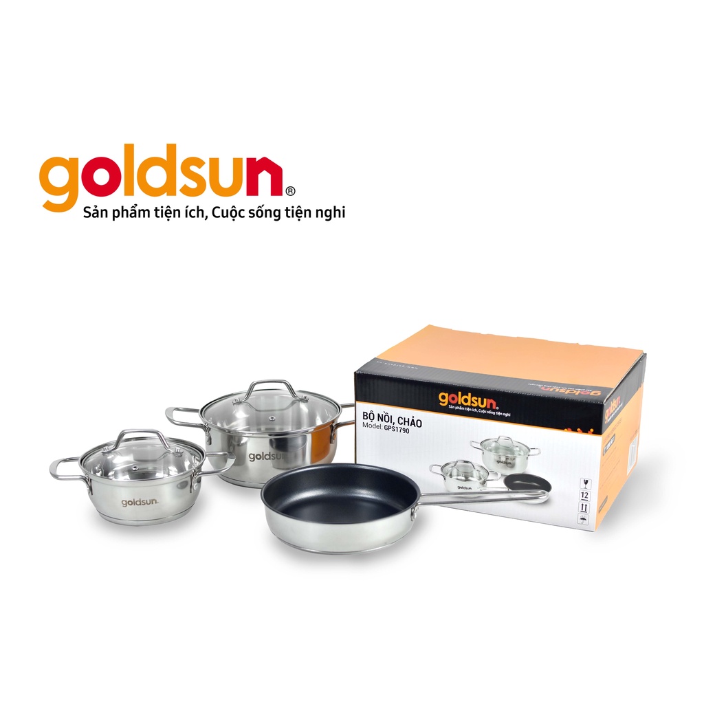 Bộ nồi chảo Inox 3 đáy Goldsun GPS1790, nồi 16cm, nồi 20cm, chảo 20cm, Hàng chính hãng, Bảo hành 12 tháng