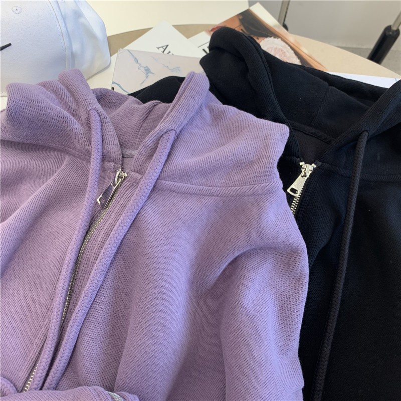 DUNEA Áo hoodie dài tay dáng rộng phối khóa kéo cá tính dành cho nữ
