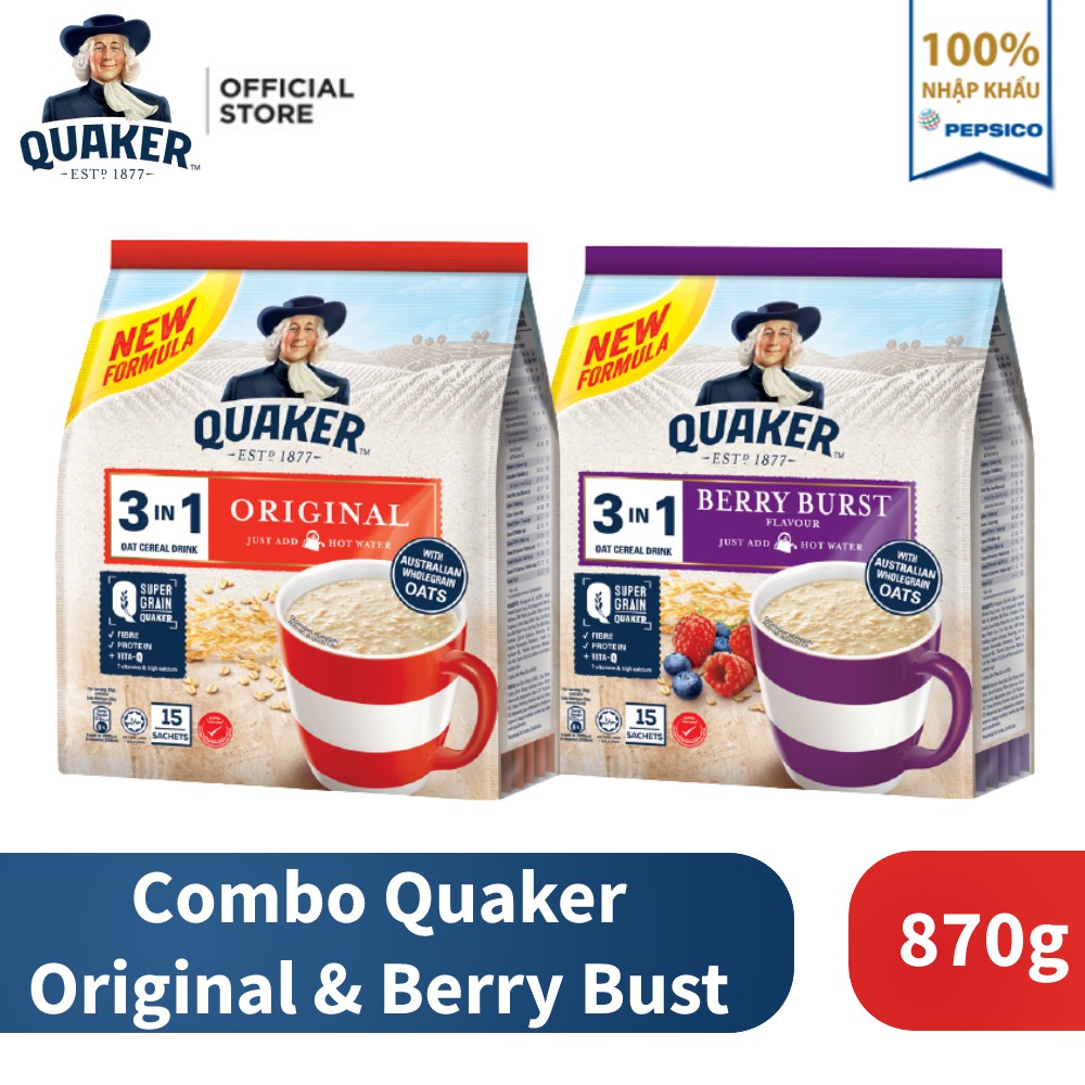 Combo 2 Túi Thức uống yến mạch Quaker 3in1 Vị Berry Burst 450g &amp; vị Truyền thống  420g