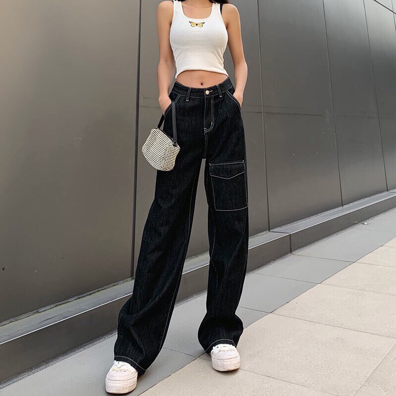 Quần Jean Unisex Túi Hộp CHỈ NỔI, quần jean unisex Cạp Chun Ống Suông Có Túi Form Rộng Hack Dáng