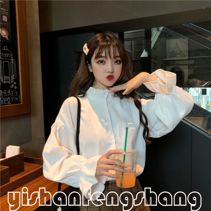 Áo Sơ Mi Tay Dài Ống Loe Màu Sắc Đơn Giản Thanh Lịch Cho Nữ
