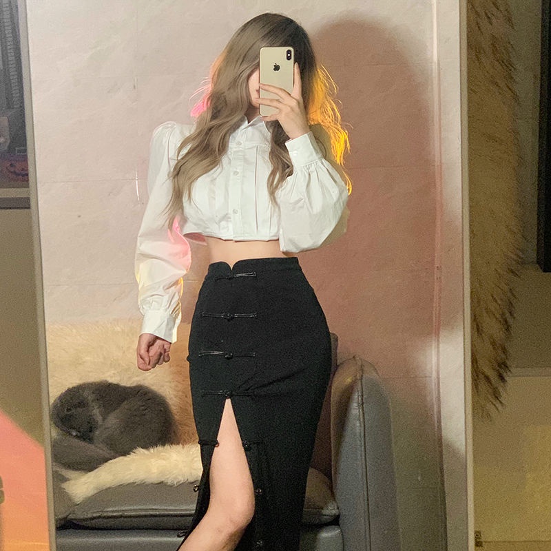 Chân Váy Xẻ Tà Lưng Cao Có Khóa Cài Phong Cách Trung Hoa Cổ Điển Quyến Rũ Thời Trang Cho Nữ