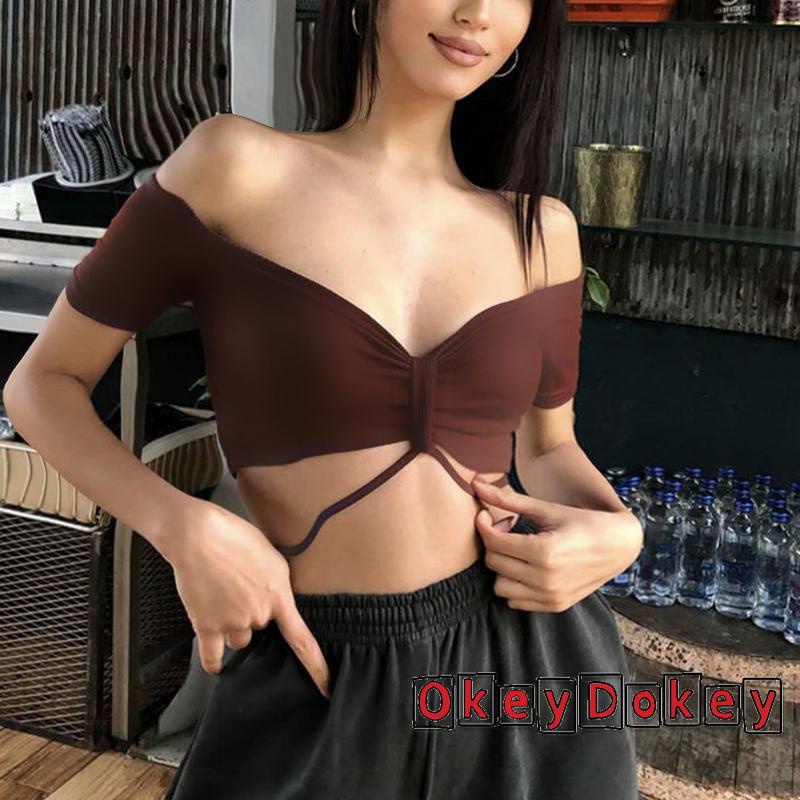 Áo Croptop Tay Ngắn Trễ Vai Thời Trang Quyến Rũ Cho Nữ