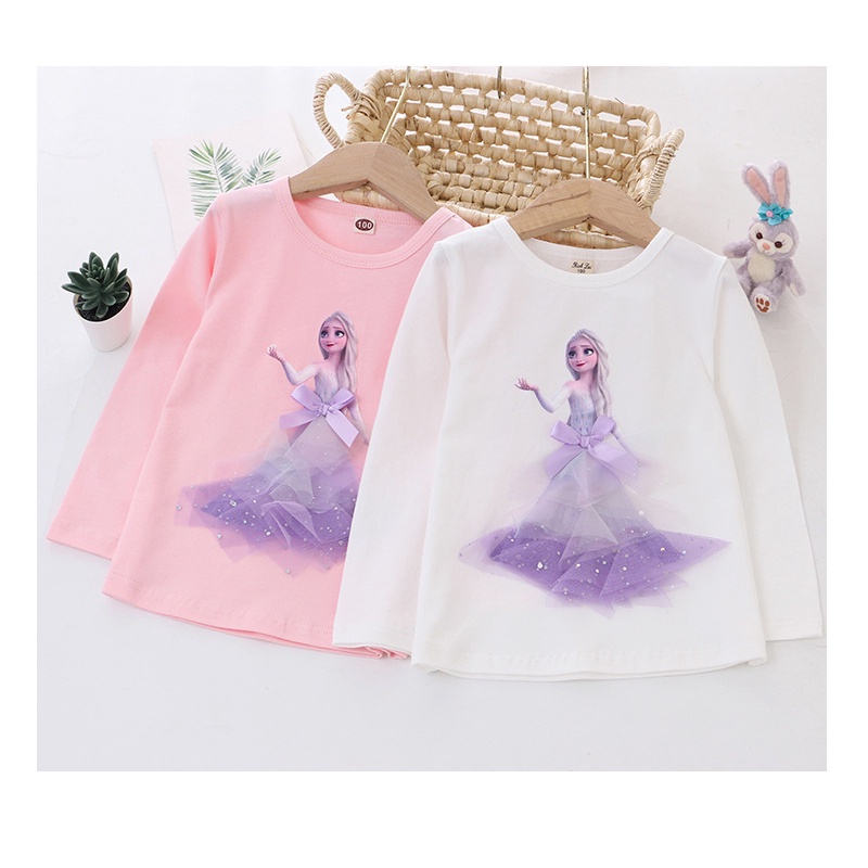 Áo Thun Tay Dài Phối Ren Công Chúa Disney 3D Thời Trang Chất Lượng Cao Cho Bé Gái 2-8 Tuổi