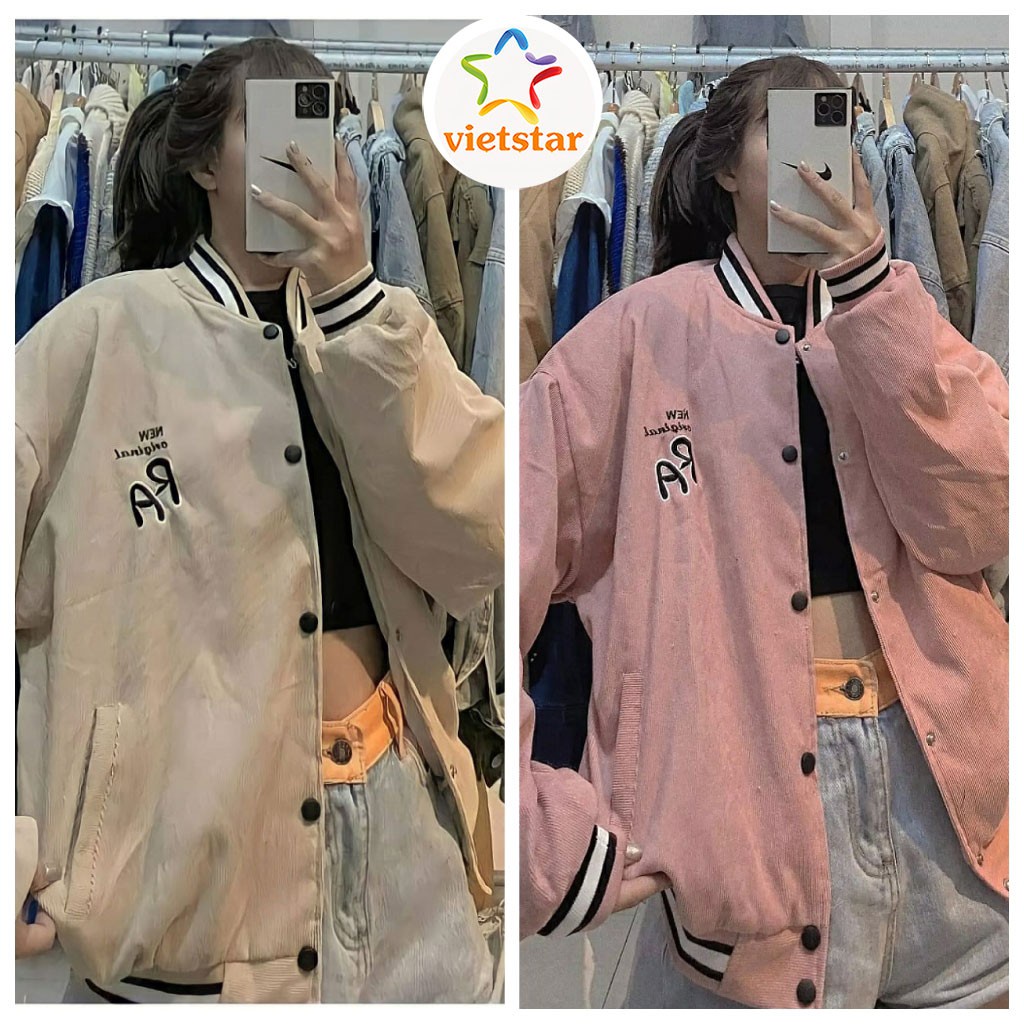 Áo khoác nhung tăm PA cúc bấm nam nữ ,dài tay áo khoác bóng chày thời trang thu đông form rộng unisex, THỜI TRANG 1989