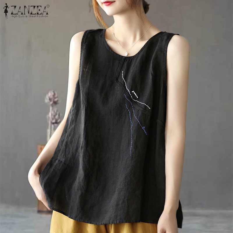 ZANZEA Áo Thun Không Tay Cổ Tròn Họa Tiết Thêu Thời Trang Nữ