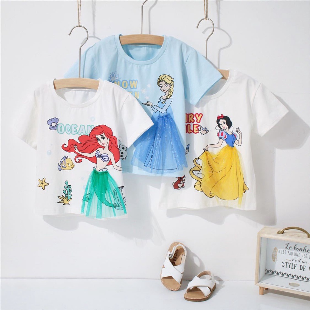 DISNEY Áo Thun Ngắn Tay In Hình Nàng Tiên Cá Ba Chiều Dễ Thương Cho Bé Gái