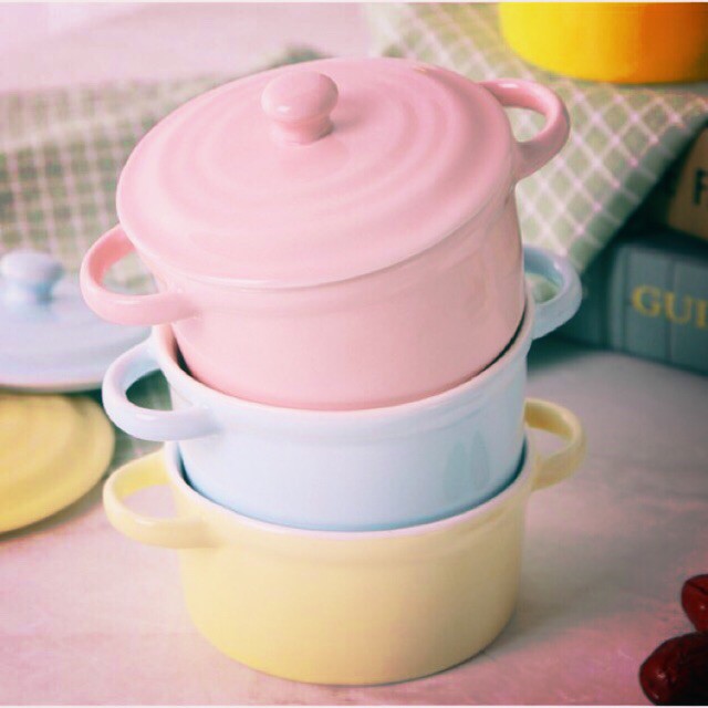 Bát sứ ăn dặm hình tròn 2 tai có nắp - Nhiều màu
