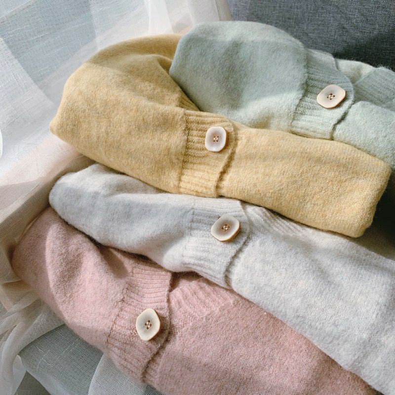 Hàng Sẵn _Áo khoác len mỏng cardigan màu bột sáng màu áo dệt kim phong cách Hàn