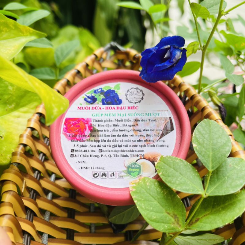 MUỐI DỪA HOA ĐẬU BIẾC TẨY TẾ BÀO CHẾT DA ĐẦU HANDMADE NHÀ BỘT