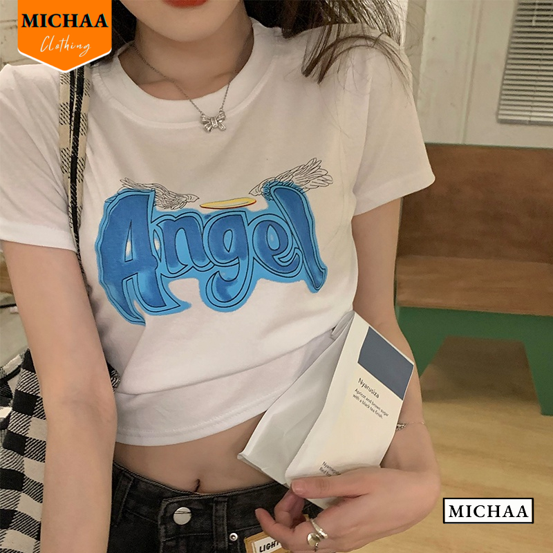 Áo Croptop Ôm Body Nữ ANGEL Cổ Tròn Tay Ngắn, Áo Thun Croptop Kiểu In Họa Tiết - MICHAA CR82