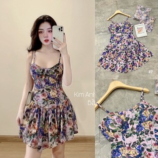 Váy hoa tím hai dây dáng xoè hàng đẹp có đệm ngực🌸 Ảnh thật