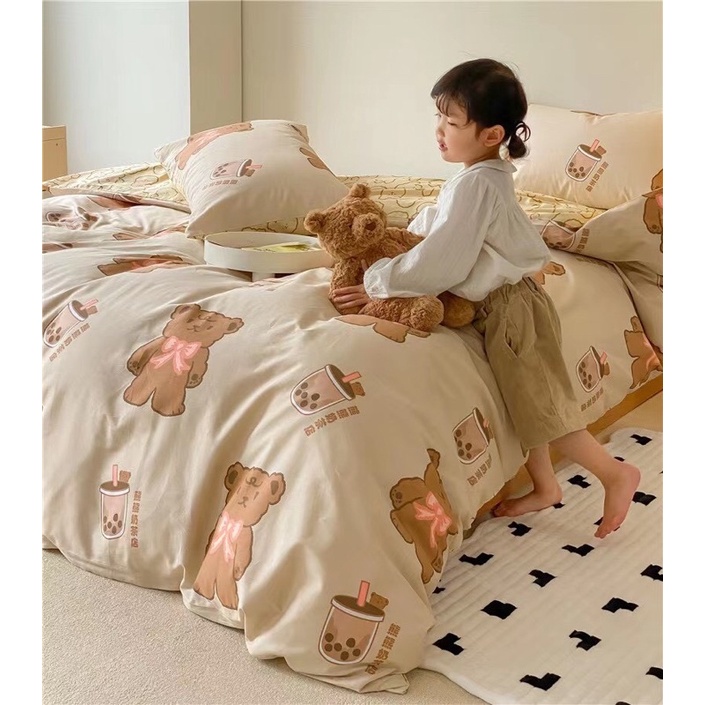 Sét Chăn Ga Gối Cotton Organic mẫu Gấu Bear nơ