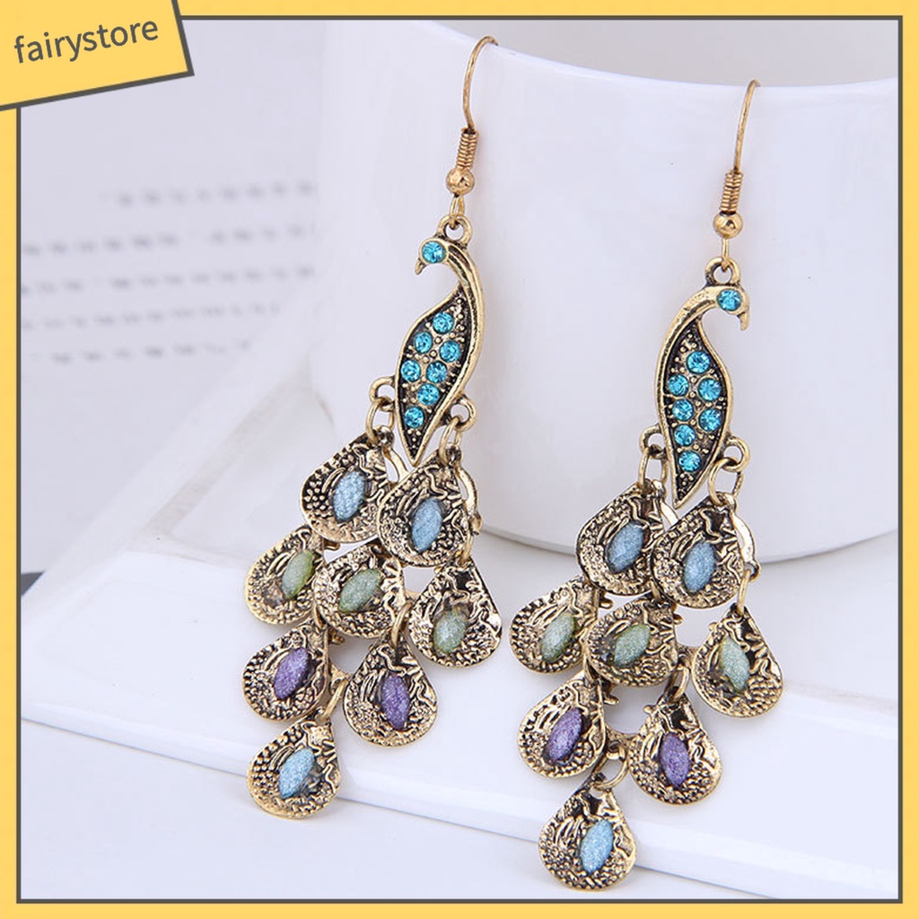 1 Đôi Bông Tai Hình Chim Công Đính Đá Phong Cách Vintage