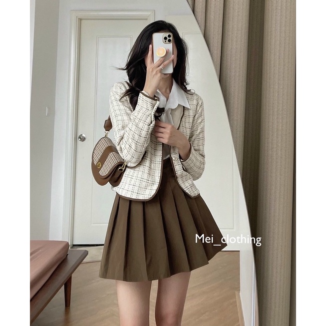 [Ảnh thật/sẵn] Set áo dạ thế kế nhẹ nhàng kèm chân váy tennis nâu tây cực xinh