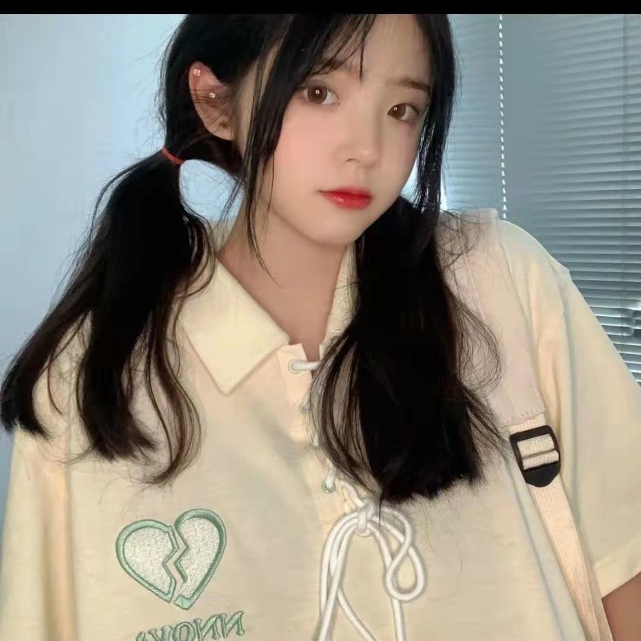 Áo Thun Polo Tay Ngắn Dáng Rộng Có Dây Rút In Hình Trái Tim Vỡ Phong Cách Preppy Ngọt Ngào Dễ Phối Đồ Cho Nam Và Nữ
