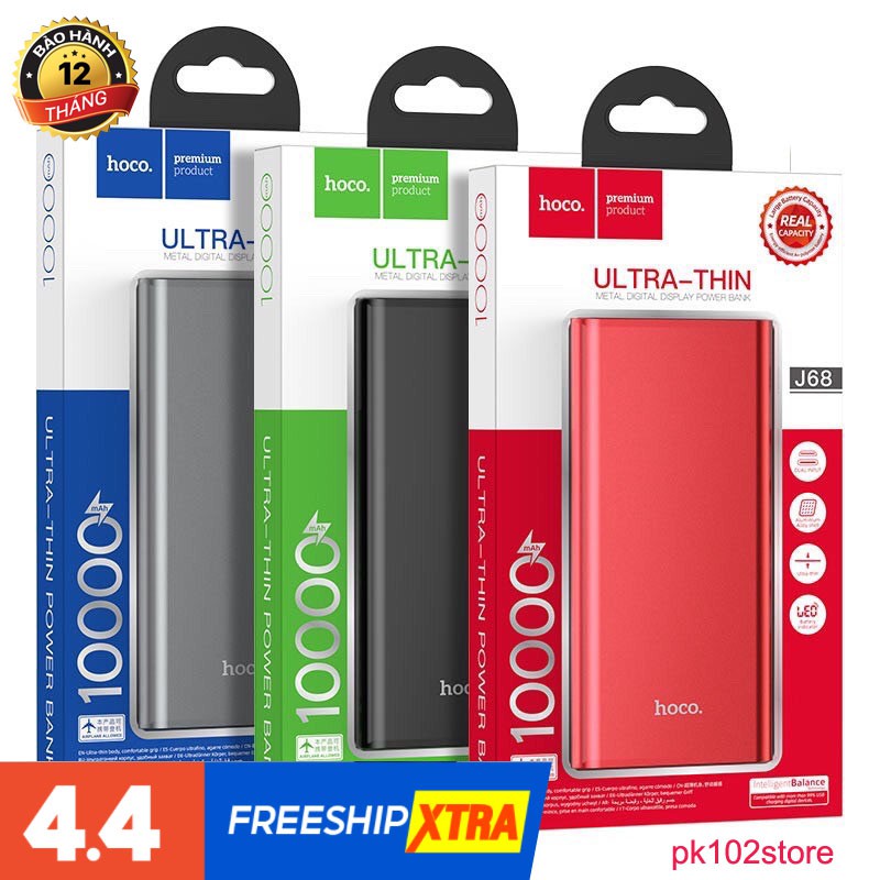 Sạc Dự Phòng Hoco J68 10000mAh, Màn Hình LCD Báo Pin, Pin Dự Phòng Kiểu Dáng Thanh Lịch Nhỏ Gọn, Pin Lithium.