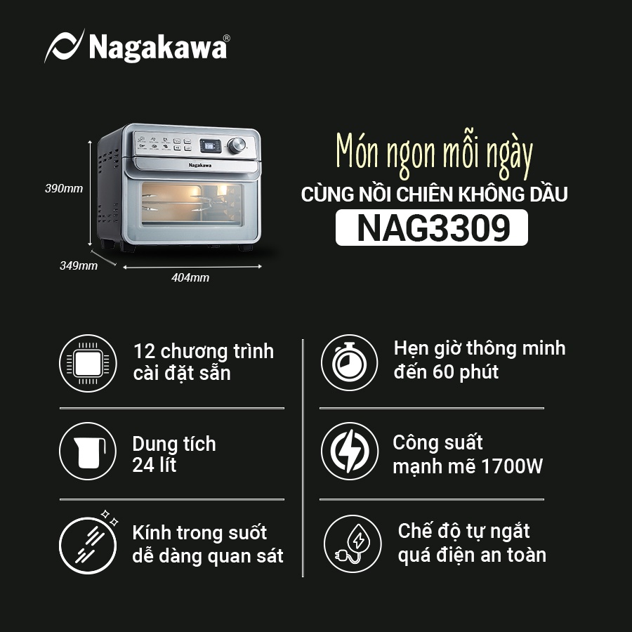 Nồi chiên không dầu cảm ứng Nagakawa NAG3309 (24L) - 12 Chương trình nấu - Công nghệ Rapid Air - Bảo hành 12 tháng