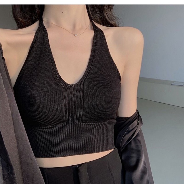 Áo Yếm Len 2 Dây Áo 3 Lỗ Áo Croptop Buộc Cổ Gợi Cảm
