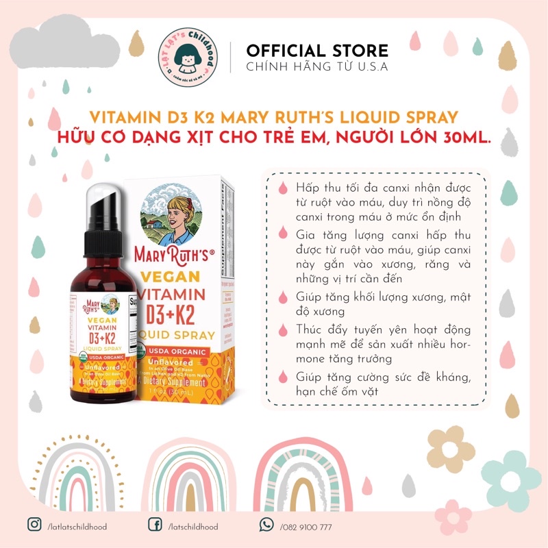 Vitamin D3 K2 Mary Ruth’s liquid spray hữu cơ dạng xịt cho trẻ em, người lớn 30ml