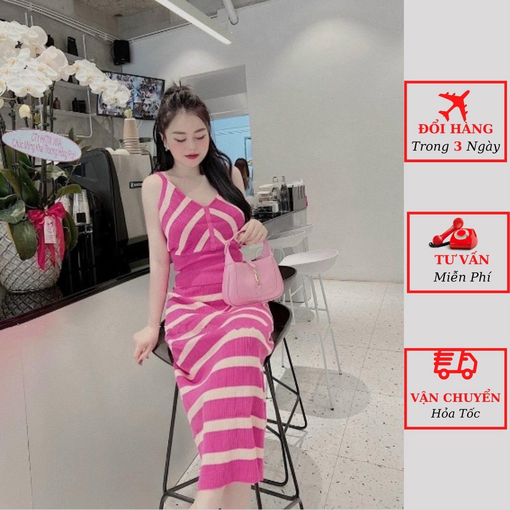 Set áo 2 dây len hồng kẻ ngang kèm chân váy đuôi cá dài maxi tiểu thư bánh bèo ulzzang Hàn Quốc